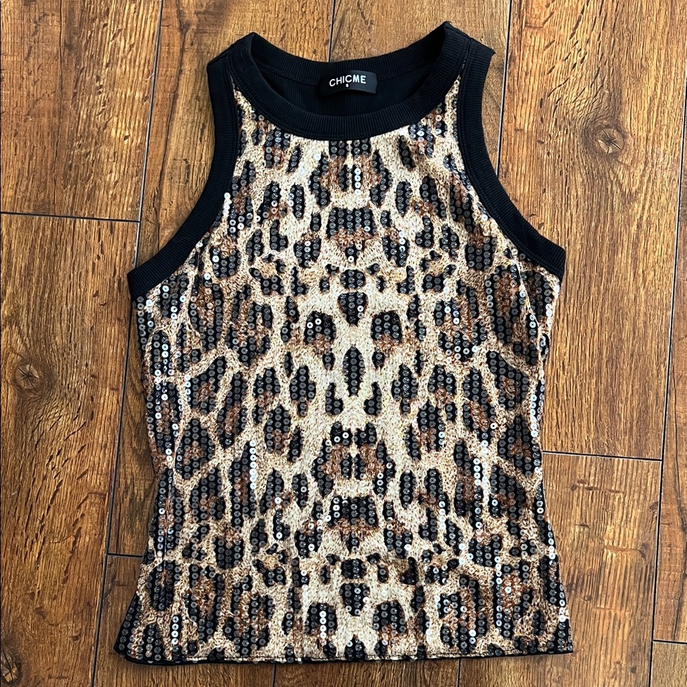 Chic Leopard Print Sequin Tank Top - Black and Brown